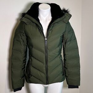Zara Olive Puffer Jacket with Black Fur Trim